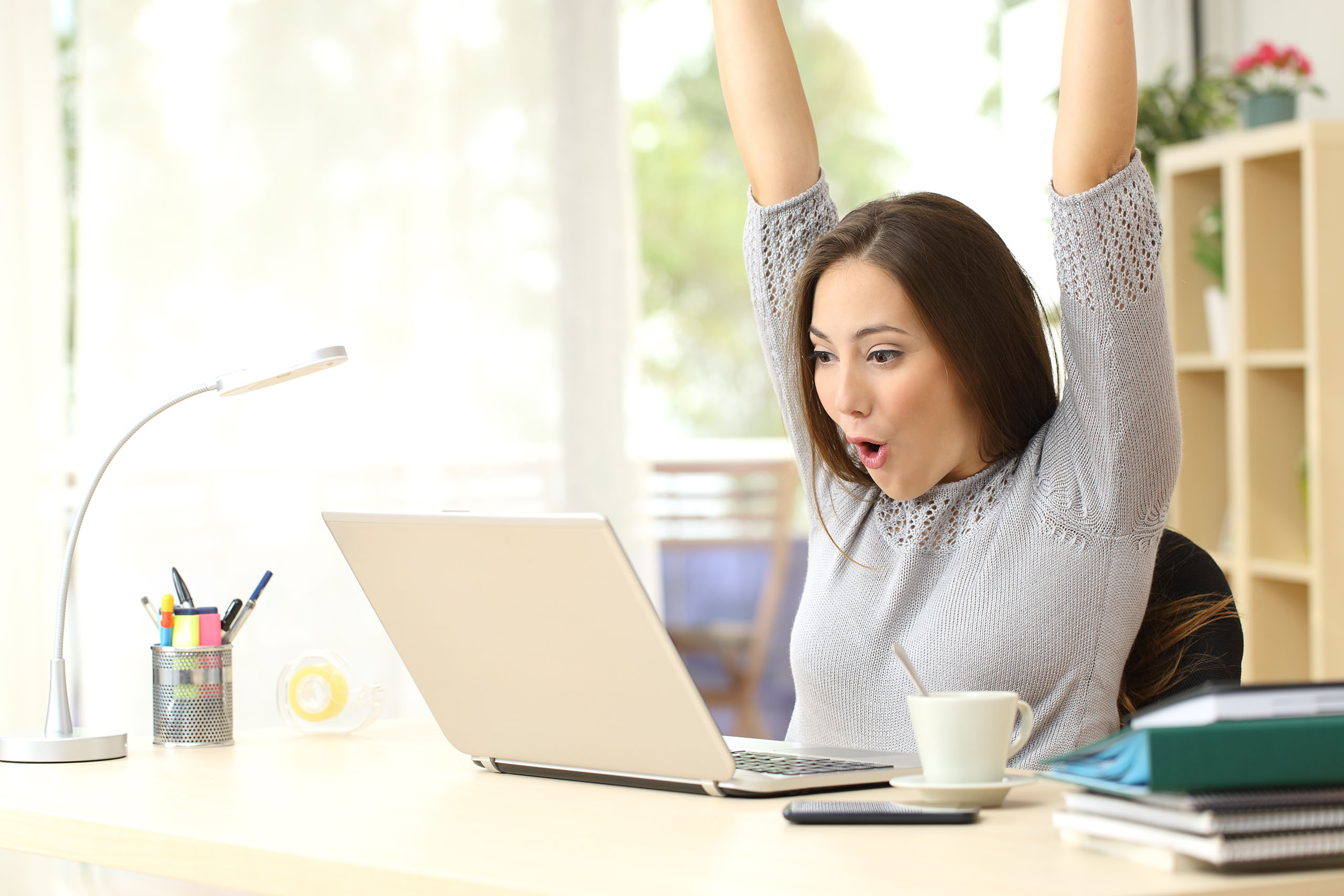 Frau vor dem Computer glücklich