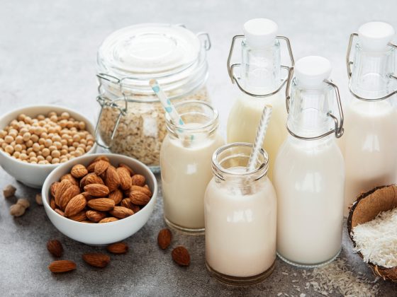 Alternative vegane Milchsorten in Glasflaschen auf Betongrund